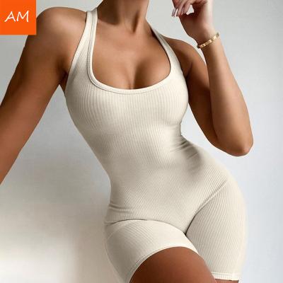 China Sports Athleisure QUICK DRY Striped Shorts Set Halter Rompers Playsuit Women Workout Backless Overalls for sale