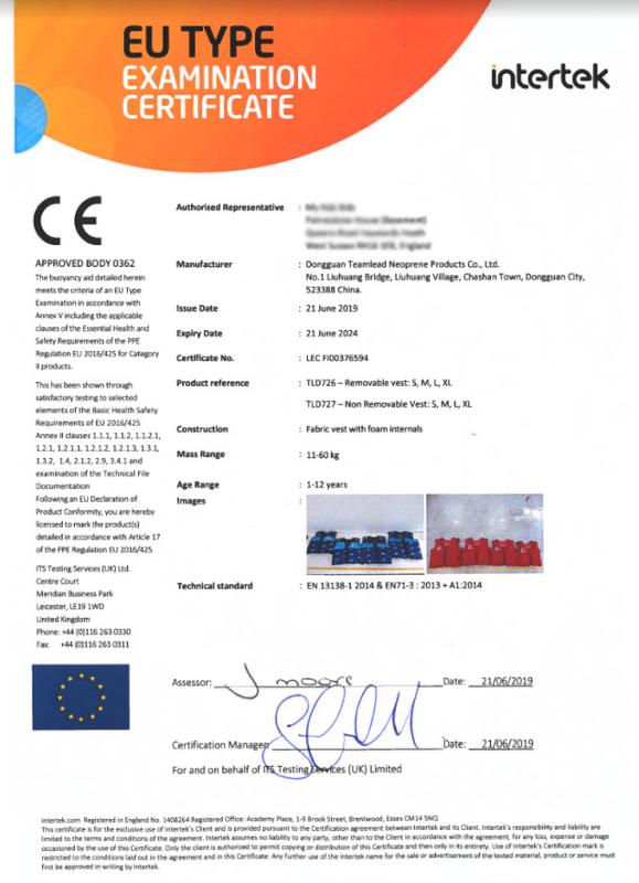 EU TYPE EXAMINATION - Dongguan Teamlead Neoprene Products Co., Ltd.