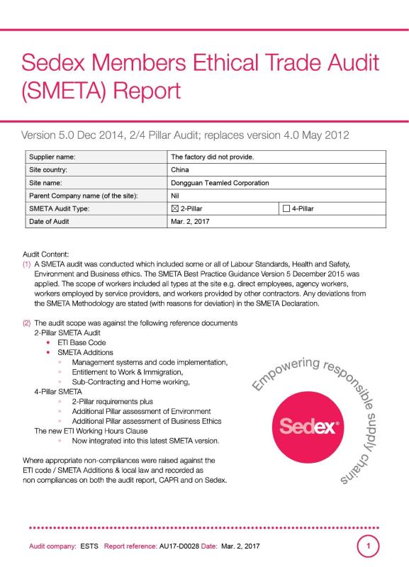 Sedex report - Dongguan Teamlead Neoprene Products Co., Ltd.