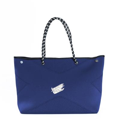 China Fashion Blue Soft Neoprene Beach Bag / Lady Tote Handbag For Cosmetics for sale