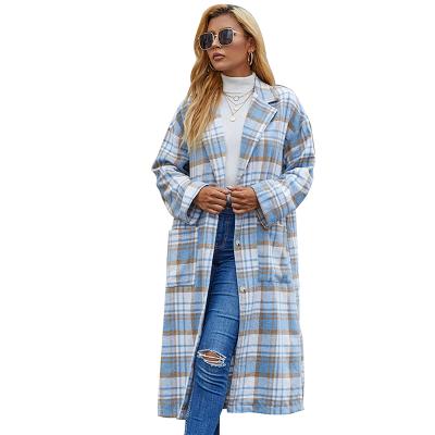 China 2021 Women Winter Long Sleeve Coat Long Sleeve Pockets Complements Fashionable Blue White Plaid Long Tweed Overcoat for sale