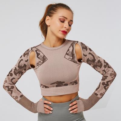 China Breathable 2021 Gym Clothing Womens Sports Invest Camouflage New Womens Long Sleeve Yoga Crop Tops O-Neck Shirts for sale