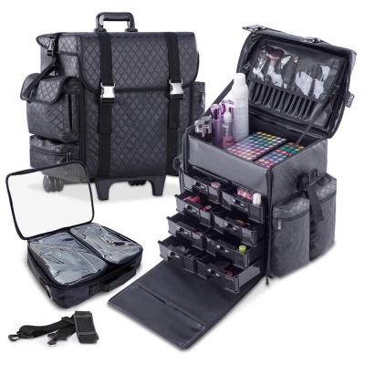 China Professional Fashion Beauty Makeup Artist Case on Wheels, Soft Cosmetic Case with Storage Trolley and Drawers for sale