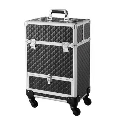 China ENGLAND STYLE Unique Design Professional Makeup Trolley Case Aluminum Hair Beauty Case Undercarriage Beauty Case With Wheels for sale