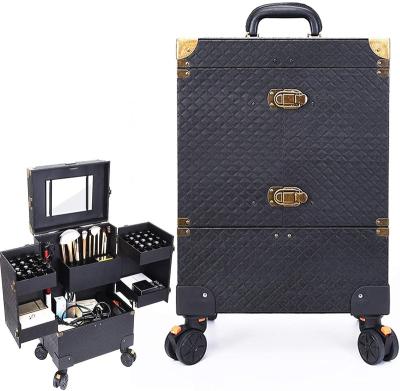 China Fashion Cosmetic Case with Wheels Essential Oil Roller Bottles Crystals Women Beauty Train Case Bamboo Professional Makeup Station for sale