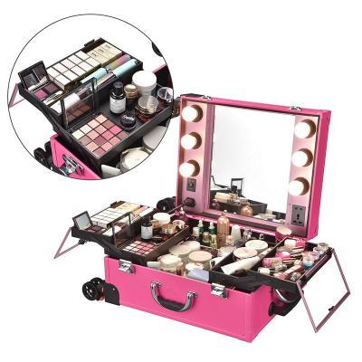 China Hot Pink Rolling Lady Makeup Case with Expandable Universal Wheel Tray Mirror Light Cosmetic Workstation for Storage Luggage Travel for sale