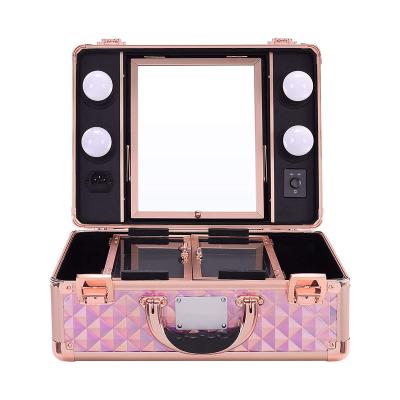 China Lady Professional Makeup Case Large Capacity With Aluminum Mirror Organizer Box Makeup Towel Case for sale