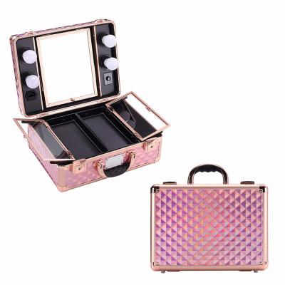 China Lady Professional Makeup Case with Adjustable Warm LED Lights, Cosmetic Train Case Beauty Cosmetics Tools Box with Mirror for sale