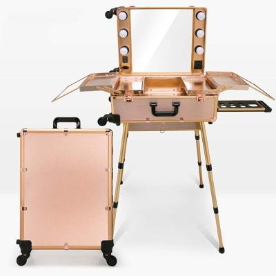 China Easily Set Up A Rolling Mirror Hollywood Wheels Makeup Artist 4 Piece Makeup Case Anywhere Anytime Professional Cosmetic Table Trolley Train With Adjustable Lights Legs for sale