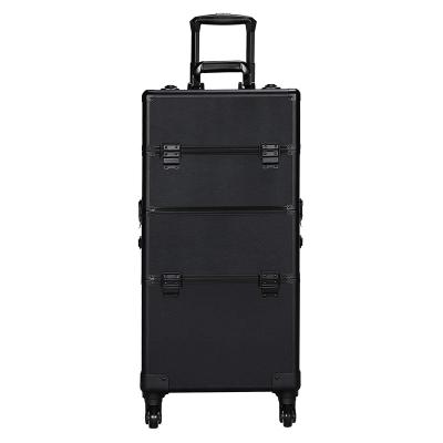 China Lady 2 in 1 Cosmetic Case Aluminum Makeup Train Case Large Capacity Trolley Makeup Travel Case Professional Black for sale