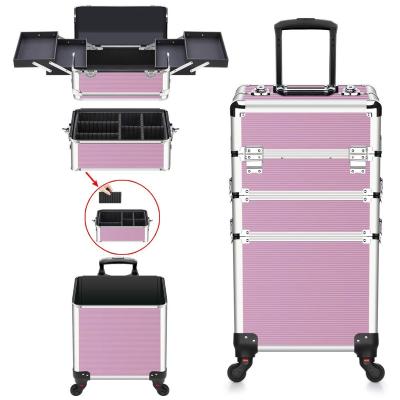 China Fashion Large Hot Storage Rolling Makeup Beauty Train Case Professional Aluminum Beauty Trolley Case for sale