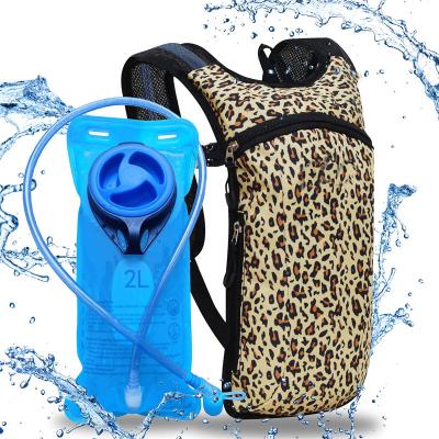 China Leopard Print Hydration Pack Recycling Backpack With Running 2L Water Bladder Recycling Hydration Backpack New Style Backpack Drinking Bag for sale