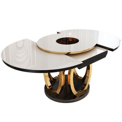 China Luxury Minimalist Round Frame Marble Top Light Stainless Steel Table Turntable Minimalist Dining Table for sale