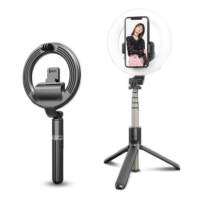 China Flexiblity LED Ring Light With Selfie Stick Tripod Black Handheld Extendable Radio 4 In 1 Mini Tripods Selfie Stick With Outdoor Led Ring Light for sale