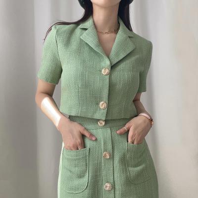 China 2022 summer new stylish tweed style loose casual wholesale viable lapel small suit jacket and skirt women's high waist button chic sets for sale