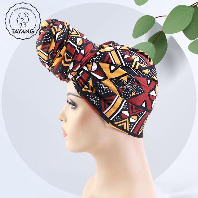 China Polyester+spandex Low Moq Hijab Tied Turban Headwraps By Polyester+spandex Main Print Women Headbands African Ankara Fabric for sale