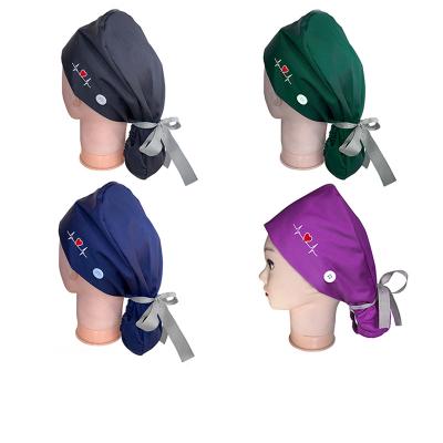 China Best Quality Comfortable Solid Color Comfortable Satin Embroidered Hat For Long Short Hair Vets Doctor Surgical Scrub Caps With Bow Tie for sale