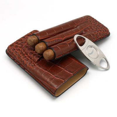 China CLASSIC Alligator Simple Design Alligators Leather Cigar Case For Travel 3 Finger Cigars With Cutter Holder Case for sale