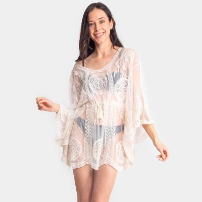 China Breathable Sexy Multi Colors Lace Up Embroidered See Through Women Summer Blouse Beach Wear Dress for sale