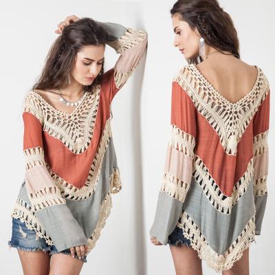 China Beautiful Breathable Crochet Patched Double Sided Summer Beach Wear Blouse Beach Cover Up for sale