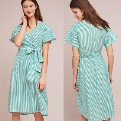 China Wholesale Elegant Green Stripes Breathable Sheath Short Tie Waist Women Casual Dress Beach Dress for sale