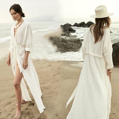 China High quality white crepe long waist long dress beach dress bathing bikini plus sleeve cover up for sale