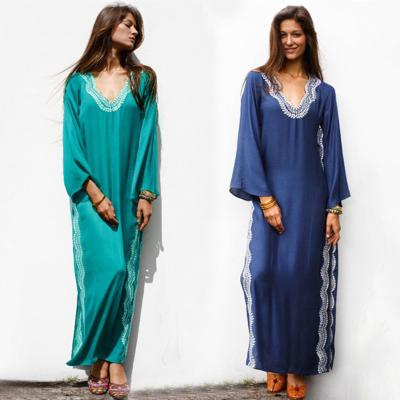 China Comfortable Sleeve Embroidered V-Neckline Plus Size Long Rayon Plus Size Long Kaftan Casual Dress Beach Dress for sale