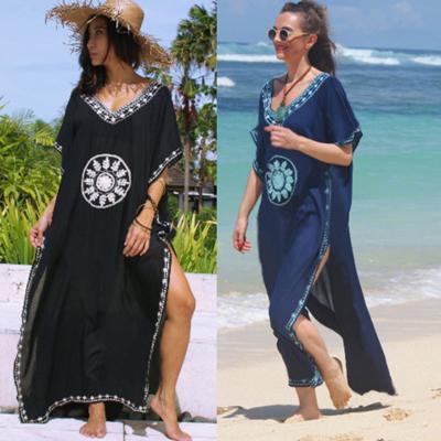 China Factory High Quality Floral Embroidered Black Blue Black Short Sleeve Kaftan Beach Dress Plus Size for sale