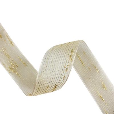 China Sustainable 7/8 inch organza ribbon with gold silk thread for holiday decorations for sale