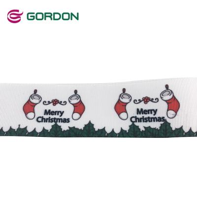 China Holiday factory wholesale 25mm Christmas ribbon grosgrain ribbon custom printed Christmas sock ribbon with logo for sale