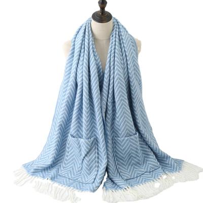 China Winter Women Fashion Acrylic Tassel Poncho Scarf With Pocket Large Scarf Shawl Daily Oversized Cover Scarf Chevron Pashmina for sale