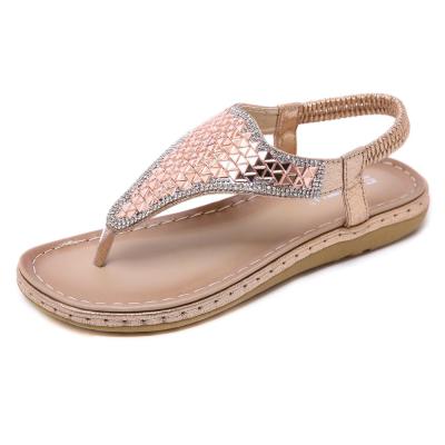 China Bohemia flat women summer T-strap masai beading elastic flip flops beach metallic sandals for sale