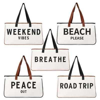 China Fashion Wholesale White Logo Print Cotton Canvas Tote Shoulder Bag Canvas Beach Bag Custom Travel Tote Overnight Bag for sale