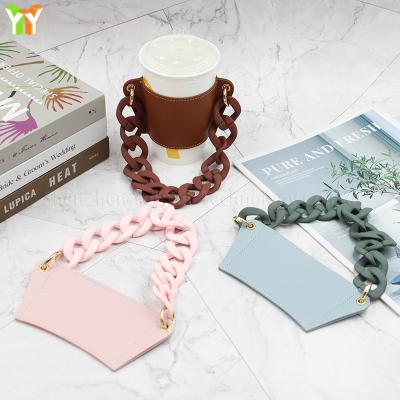 China 350ml Coffee Mug Holder Durable Reusable Chain Sleeve Hanging Portable PU Leather Drinks Crate Bag Milk Tea Beverage Mug Cover for sale