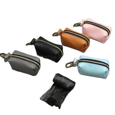 China Viable Poo Dog Carrier Bag Poo Bag Portable Travel Dispenser Outdoor PU Leather Pets Waste Bags Organizer With Strap for sale