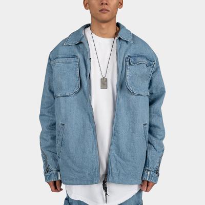 China Sustainable Men Minimalistic Acid Washed Fit Oversized Look Big Pockets Zipper Denim Canvas Jacket for sale