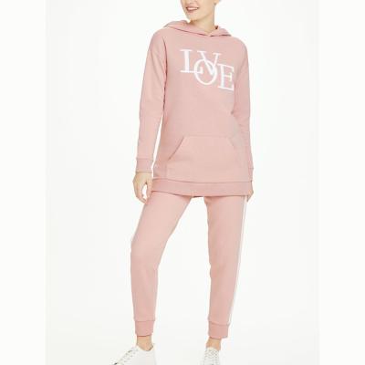 China Autumn Breathable Wear Lady Print Hoodie Sweatshirt And Pink Simple Customized Sweatpants Set for sale