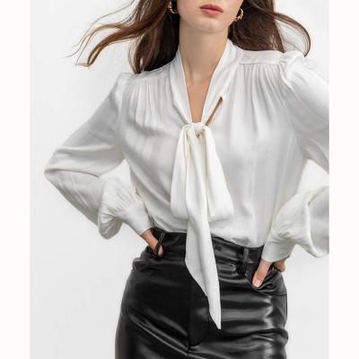 China Breathable blusa elegant ladies sheath long bow tie casual shift solid color blouse top loose blouse for sale