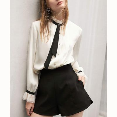 China Breathable Blusa 2021 Long Sleeve Shirt Wear Tie Elegant Women White Simple Blouses for sale