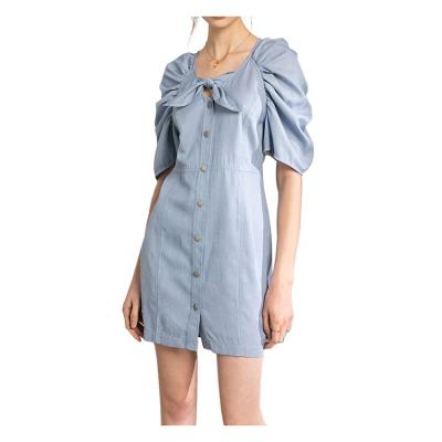 China Breathable Light Color Denim Pleated Sleeve Office Style Elegant Casual Dress Long Vestido Dresses for sale