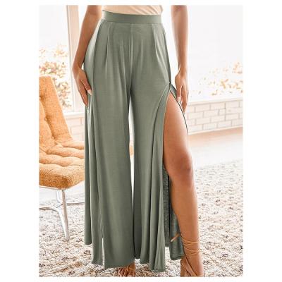 China Green Breathable Hose Wide Leg Pantalones Wide Leg Pants Women's High Slit Loose Elastic High Waist Trousers for sale