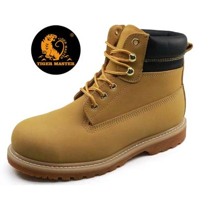 China Nubuck Leather Steel Toe Split Toe Yellow Goodyear Safety Welted Boots for sale