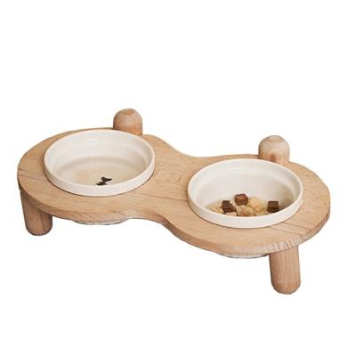 China OKCAT Porcelain Pet Viable Wood Bottom Double Bowl Ceramic Cat Bowls For Small Pets for sale