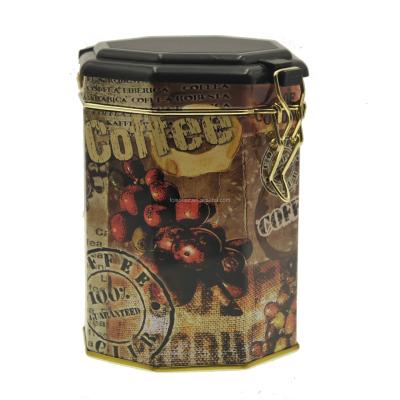 China Recycled Material Coffee Tin Can With Plastic Lid Octagonal &Buckle Lock Coffee Packaging Tin Case Box for sale