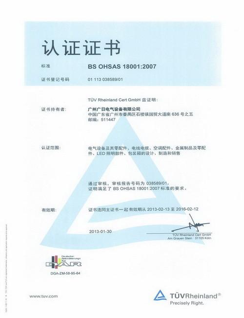 BS OHSAS 18001:2007 - Electricity Facilities GuangRi Guangzhou Co.,Ltd