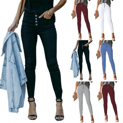 China 2022 Anti-wrinkle Amazon Solid Color Breasted New Fashion Casual Pencil Pants Pockets Elastic Pencil Pants for sale