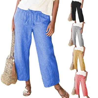 China 2022 New Amazon Anti-Wrinkle Solid Color Casual Cotton Drawstring Loose Wide Leg Pants for sale