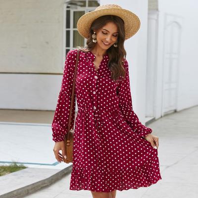 China 2022 Anti-Wrinkle Amazon Amazon Hot Sale Fashion Women Dress Spring Summer Long Sleeve Polka Dot Cotton Dress for sale