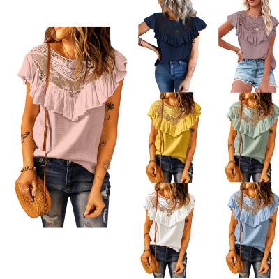 China 2022 New Anti-wrinkle Amazon Women's Ruffled Round Neck Lace Tops Quilted Vest Chiffon Shirt Tops for sale