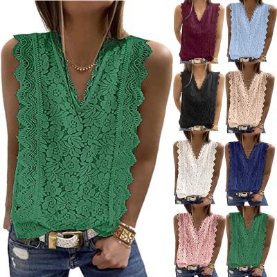 China 2022 New Anti-Wrinkle Amazon Women's Lace Panel V-Neckline Tops Chiffon Sleeveless Tank Tops for sale